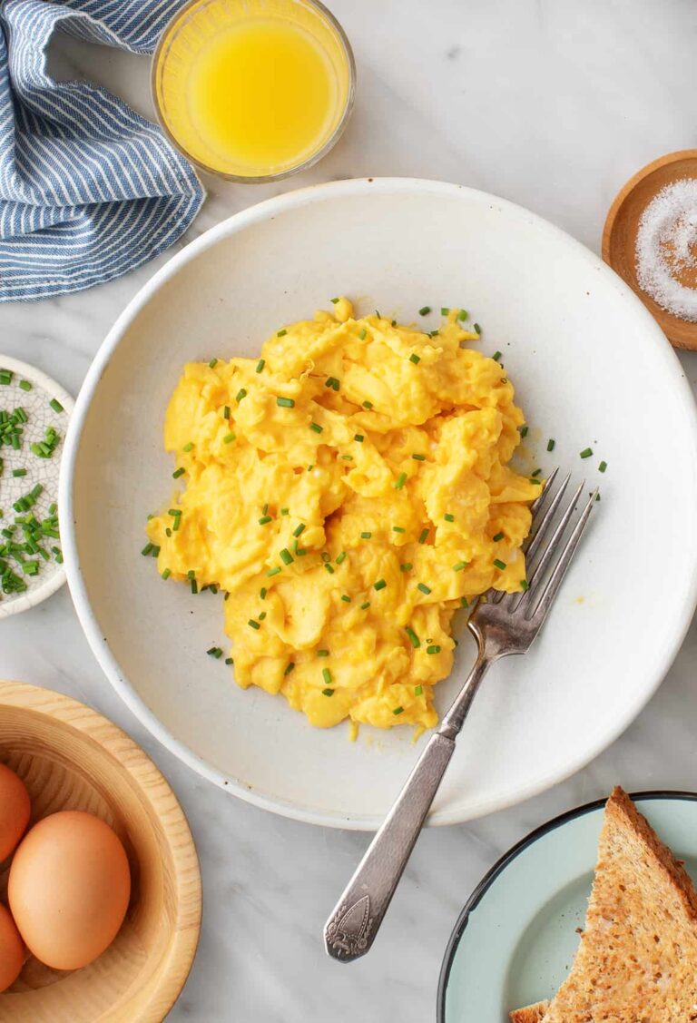 The recipe below is for my “best” scrambled eggs. I don’t add any fancy ingredients, so they’re easy to whip up on regular weekday mornings. Still, they’re fluffy, tender, and all around delicious. I love them, and I think you will too.